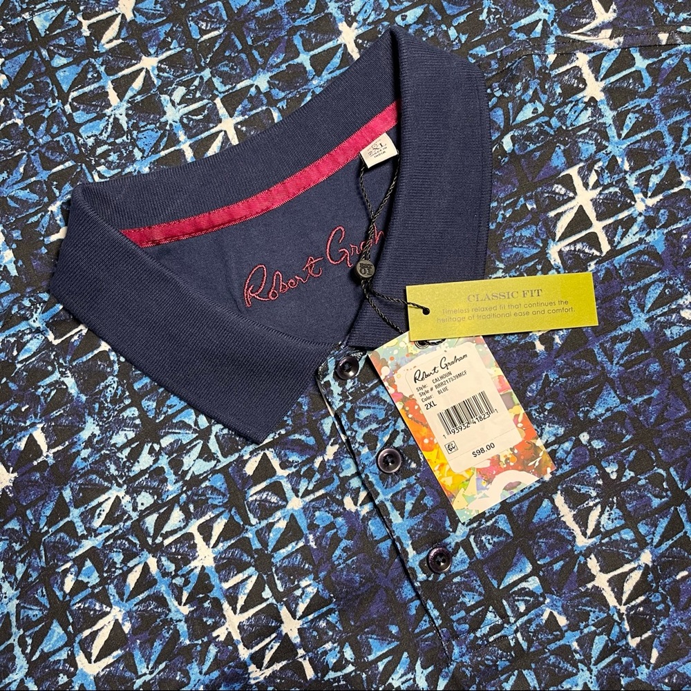 Robert Graham Calhoun Polo Shirt Geometeic Graphic Sz 2XL XXL Blue